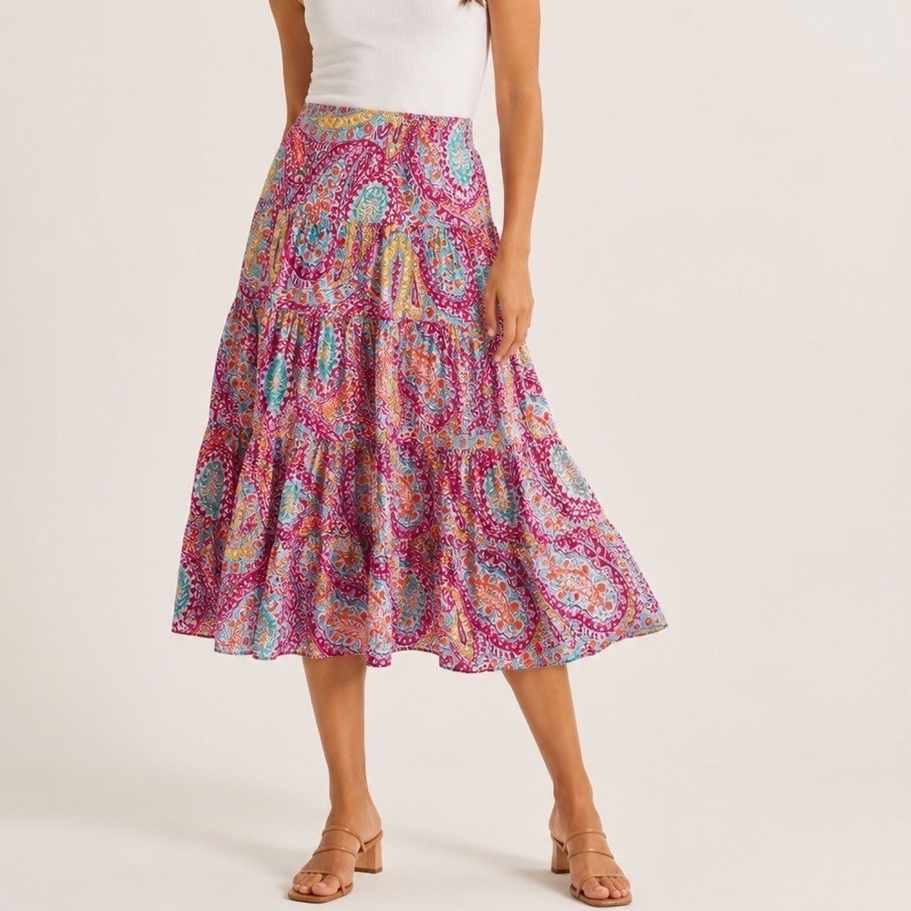 Lauren Ralph Lauren Paisley Tiered Midi Skirt Colorful Boho Cotton‎ Skirt
